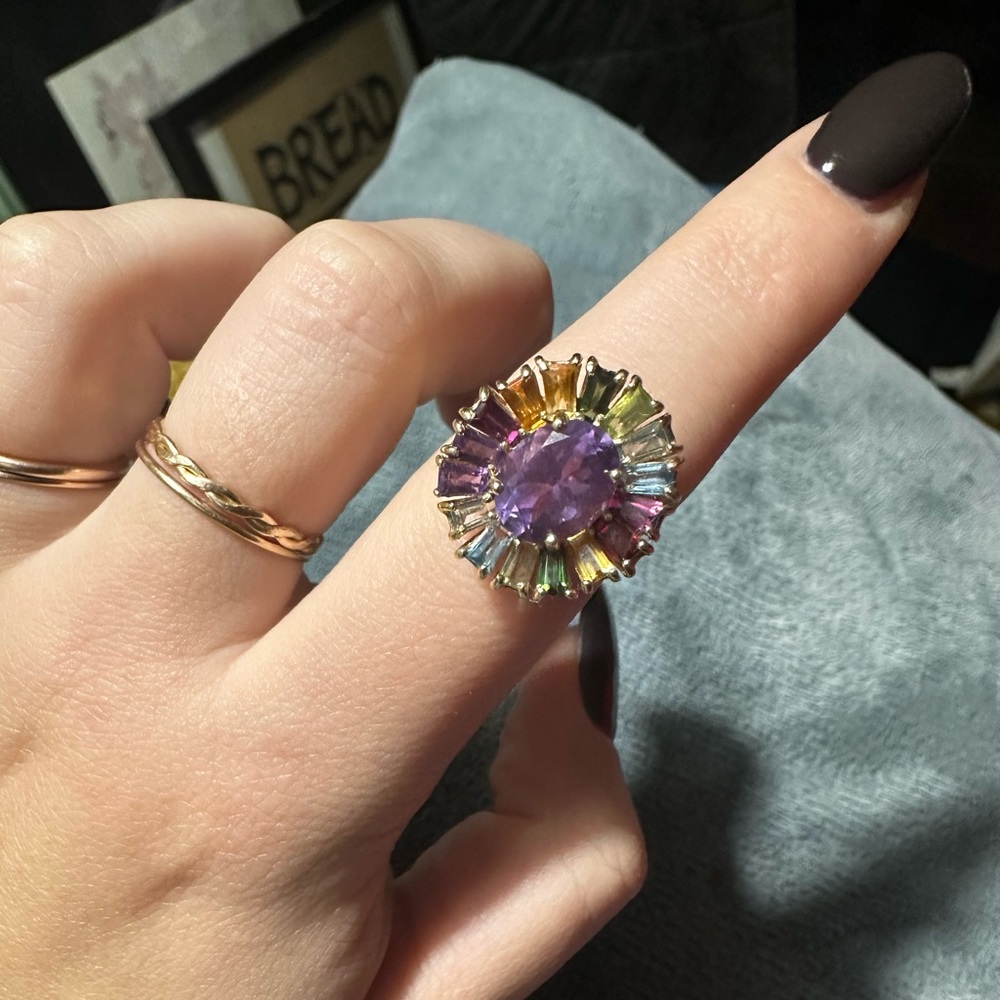 Vintage 10k Solid Yellow Gold Rainbow Amethyst Cocktail ladies Ring size 5.5